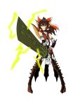  armor bow brown_eyes brown_hair chankodining chankodining_waka detached_sleeves hair_bow hakurei_reimu highres monster_hunter open_mouth parody rathalos_(armor) simple_background solo sword touhou weapon white_background 
