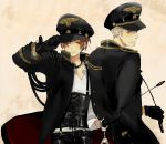  axis_powers_hetalia blonde_hair brown_hair cuffs from_behind germany_(hetalia) gloves hand_cuffs handcuffs hat jewelry looking_back military military_uniform multiple_boys necklace northern_italy_(hetalia) open_clothes peaked_cap riding_crop salute short_hair silver_hair smile suspenders trench_coat uniform wink 