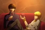  2boys aoimio blonde_hair bracelet brown_hair couch cross cross_necklace cup fate/zero fate_(series) gilgamesh jewelry kotomine_kirei multiple_boys necklace red_eyes wine wine_glass 