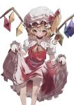  1girl :q ascot bangs blonde_hair blush clothes_lift crystal dd9 eyebrows_visible_through_hair flandre_scarlet frilled_shirt_collar frilled_skirt frills hat hat_ribbon highres looking_at_viewer mob_cap petticoat puffy_short_sleeves puffy_sleeves red_eyes red_skirt red_vest ribbon short_hair short_sleeves side_ponytail skirt skirt_lift solo standing tongue tongue_out touhou vest wings wrist_cuffs yellow_neckwear 