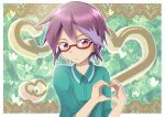  1boy character_request child cokotaroh1102 commentary_request eyebrows_visible_through_hair eyewear_on_head green_shirt hair_between_eyes heart heart_hands highres looking_at_viewer male_focus pokemon purple_hair shirt solo violet_eyes 
