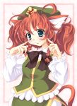  animal_ears aqua_eyes blue_eyes braid cat_ears cat_tail china_dress chinese_clothes hat highres hong_meiling kemonomimi_mode lozelia red_hair redhead short_hair smile solo tail touhou twin_braids 