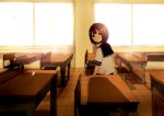  classroom desk from_behind light_smile looking_back original school school_desk school_uniform serafuku short_hair solo sunlight tamayo window 