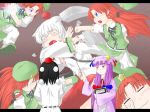  bad_id battle black_hair blue_eyes bow braid child clone commentary hair_bow hat homunculus hong_meiling inubashiri_momiji long_hair niwatazumi o_o patchouli_knowledge purple_eyes purple_hair red_hair redhead shameimaru_aya sword tokin_hat touhou translation_request twin_braids violet_eyes weapon white_hair wolf_ears 