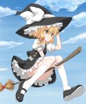 1girl blonde_hair bluepony broom broom_riding buttons cloud dress flying hat hat_ribbon highres kirisame_marisa kneehighs mary_janes ribbon shoes sky socks solo touhou witch_hat yellow_eyes 