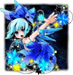  1girl bare_shoulders blue_eyes blue_hair bow cirno dress magic moonyan open_mouth outstretched_arm short_hair solo touhou younger 