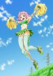  abs arms_up cheerleader grass hajime_(caramel_toone) jumping legs original outstretched_arms panties pantyshot pink_eyes pink_hair pom_poms power_lines shoes short_hair sky sneakers solo thigh-highs thighhighs underwear wavy_hair white_panties 