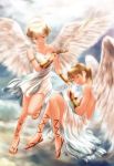   2girls angel closed_eyes clouds halo s_zenith_lee sandals sky sun_rays sword weapon wings  