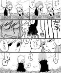  :d antennae cape closed_eyes comic flower flower_field from_behind hand_on_own_face hands_on_own_face kazami_yuuka monochrome multiple_girls open_mouth skirt skirt_set smile squatting touhou translated translation_request turn_pale vest wriggle_nightbug yoshio_(440) yoshio_(artist) 