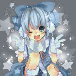  blue_eyes blue_hair bow cirno earmuffs gloves hair_bow mata open_mouth short_hair smile solo star symbol-shaped_pupils symbol_shaped_pupils touhou v wink 