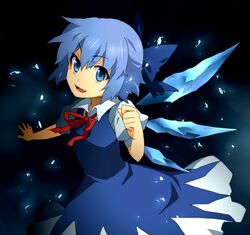  bad_id blue_eyes blue_hair bow cirno dress fang hair_bow ice kmatsuda ribbon short_hair smile solo touhou wings 