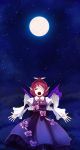  bad_id bandage bandage_over_one_eye bandages blood closed_eyes dress earrings fingernails full_moon glowing hat highres injury jewelry lo_(rogu_ryouiki) long_fingernails long_nails long_sleeves moon moonlight mystia_lorelei nails night night_sky open_mouth outstretched_arms pink_hair purple short_hair singing sky spread_arms touhou wings 