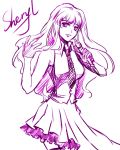  bare_shoulders gloves highres long_hair macross macross_frontier microphone monochrome necktie sheryl_nome sketch skirt sleeveless solo thighhighs 