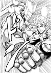  2boys ayamura_kirihito clenched_hand dio_brando fingerless_gloves gloves jojo_no_kimyou_na_bouken monochrome motion_lines multiple_boys punching stand_(jojo) the_world 