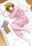  barefoot bed book brown_hair feet inue_shinsuke lying pajamas short_hair 