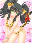  animal_ears bikini black_hair blush front-tie_top green_eyes new_year original pengin_guriko ribbon side-tie_bikini solo swimsuit tail tiger_ears tiger_print tiger_tail twintails 