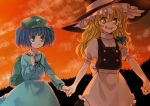  backpack bag blonde_hair blue_eyes blue_hair braid evening grin hair_bobbles hair_ornament hand_holding hat holding_hands ica kawashiro_nitori key kirisame_marisa multiple_girls smile sunset touhou twintails witch_hat yellow_eyes 