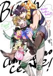  2boys atsuyu blonde_hair boots caesar_anthonio_zeppeli fingerless_gloves flower gift glomp gloves green_eyes green_jacket headband hug hug_from_behind jacket jojo_no_kimyou_na_bouken joseph_joestar_(young) midriff multiple_boys scarf sunflower 