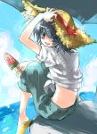  androgynous blue_eyes blue_hair death_note diabolism hat l looking_back male open_mouth popsicle short_hair sitting smile sun_hat 