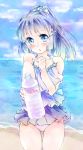  1girl airi_(megumi0216) aoki_reika blue_eyes blue_hair bottle long_hair one-piece_swimsuit ponytail precure smile_precure! swimsuit 
