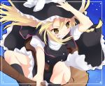  bamboo_broom blonde_hair border braid broom broom_riding grin hand_on_hat hat kirisame_marisa panties smile subachi touhou underwear witch_hat yellow_eyes 