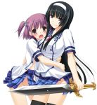  bangs black_hair blunt_bangs blush hair_ornament hairband hime_cut hug long_hair multiple_girls nakajima_yuka no_panties open_mouth original pink_eyes plaid purple_eyes purple_hair school_uniform side_ponytail skirt sword tartan thighhighs torn_clothes torn_skirt weapon 