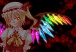  blonde_hair blood blood_on_face blood_stain blood_stains crystal fang flandre_scarlet frills glowing glowing_eyes hat hat_ribbon natsumoto necktie rainbow_order red_eyes ribbon short_hair short_sleeves side_ponytail smile smirk solo touhou wings 