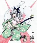  adult alternate_hairstyle amputee bad_id blue_eyes bow breasts cleavage colored colored_pencil_(medium) flower ghost grey_hair hair_bow hair_ribbon hakama japanese_clothes kneeling konpaku_youmu konpaku_youmu_(ghost) long_hair midriff mitsudomoe_(shape) mokkouyou_bondo myon navel pencil_(medium) ponytail ready_to_draw ribbon sandals solo sword tomoe_(symbol) touhou traditional_media translation_request weapon wide_sleeves 