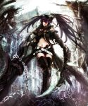  armor belt beltskirt black_hair black_rock_shooter chain chains glowing glowing_eyes highres insane_black_rock_shooter navel scar shorts solo stitches takakyo thigh-highs thighhighs 
