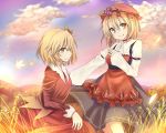  aki_minoriko aki_shizuha apron asa_(coco) bad_id blonde_hair cloud clouds coco_(pixiv) dress food fruit grapes hair_ornament hat highres leaf leaves multiple_girls orange_eyes short_hair sky smile touhou 