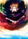  chinchickrin colorful crescent darkness frills highres outstretched_arms red_eyes rumia short_hair sky smirk spread_arms touhou 