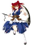  armpits bare_shoulders breasts cleavage fuyuno_taka hair_bobbles hair_ornament highres large_breasts onozuka_komachi red_eyes red_hair redhead scythe solo tabi touhou transparent_background twintails weapon wrist_cuffs 