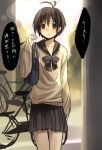  bag bicycle brown_eyes brown_hair idolmaster kikuchi_makoto school_uniform short_hair skirt translation_request 