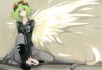  feathers fishnet_pantyhose fishnets goggles goggles_on_head green_hair gumi highres pantyhose short_hair solo tansuke vocaloid wings 