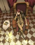  brown_eyes butterfly cape chair checkered checkered_floor chess crossed_legs formal from_above jewelry male necktie red_hair redhead ring sami_(artist) sami_(object_dump) sitting solo suit throne umineko_no_naku_koro_ni ushiromiya_battler 