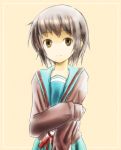  brown_hair cardigan koji nagato_yuki school_uniform short_hair smile suzumiya_haruhi_no_yuuutsu 