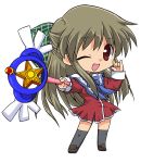  brown_hair chibi kannazuki_yukito kanon kurata_sayuri long_hair red_eyes school_uniform solo thighhighs wand wink 