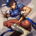  boots bracelet brown_eyes brown_hair bun_cover capcom china_dress chinese_clothes chun-li double_bun earrings jewelry kick leg_lift ookami_(pixiv27280) pantyhose solo spiked_bracelet spikes street_fighter 