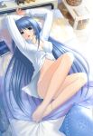  arms_up bad_id barefoot bed blue_eyes blue_hair book breasts cleavage dress_shirt feet jewelry jpeg_artifacts legs lips lipstick long_hair lying nanjou_sayaka on_back open_mouth original panties pillow private_emotion ripe sano_toshihide shirt solo underwear very_long_hair white_panties 