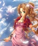  belt bolero bow bracelet brown_hair choker cloud clouds dress feathers female final_fantasy final_fantasy_vii green_eyes hair_bow hair_ribbon highres jacket jewelry lens_flare lilithbloody long_hair necklace ponytail ribbon sky solo staff 