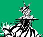  artist_request bow dress hair_bow hat kamishirasawa_keine long_hair monochrome simple_background smile solo sword touhou weapon wind 