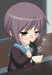  blush chibi food glasses nagato_yuki purple_hair sano_toshihide school_uniform short_hair solo suzumiya_haruhi_no_yuuutsu 