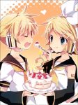  :q birthday blonde_hair brother_and_sister cake candle closed_eyes feeding food fork hair_ornament hair_ribbon hairclip hara_yui headphones headset heart kagamine_len kagamine_rin lowres necktie pastry ribbon short_hair siblings smile tongue twins vocaloid 