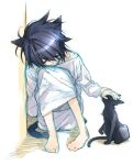   black_hair cat cat_ears cat_tail catboy death_note diabolism closed_eyes l legs_up male short_hair sitting smile  