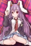  animal_ears blazer breasts bunny_ears crescent highres long_hair necktie open_mouth purple_hair rabbit_ears red_eyes reisen_udongein_inaba sitting skirt socks solo takanoru touhou wariza white_legwear 