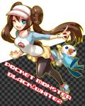  1girl ;d blue_eyes brown_hair double_bun irouha mei_(pokemon) open_mouth oshawott pantyhose poke_ball pokemon pokemon_(creature) pokemon_(game) pokemon_bw2 raglan_sleeves skirt smile solo twintails visor_cap wink 