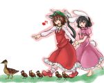  :&lt; animal_ears arm_holding barefoot beak bird blush chen duck fang hand_holding holding_arm inaba_tewi makoto_na mana_(gooney) multiple_girls musical_note open_mouth outline smile tail touhou walking white_background 