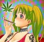  choker derivative_work drugged drugs earrings green_hair jewelry marijuana photoshop pipe psychedelic smoking solo stoned tattoo twintails 