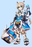  aqua_eyes armor blonde_hair blue_background boots cannon cartridge chung elsword gauntlets gloves greaves huge_weapon long_hair m.r.e.t male pants smile solo surcoat weapon 
