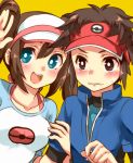  1girl aqua_eyes blush brown_eyes brown_hair irouha jacket kyouhei_(pokemon) long_hair mei_(pokemon) pokemon pokemon_(game) pokemon_bw2 raglan_sleeves short_hair twintails visor_cap 